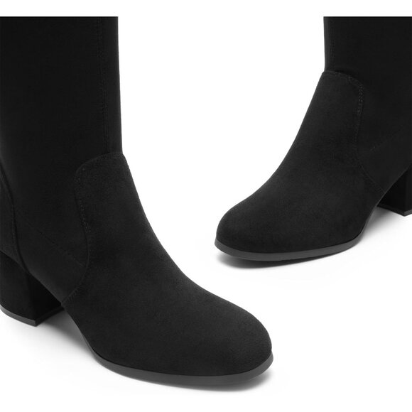 Women's Black-suede Faux Leather Over The Knee Thigh High Chunky Heel Long Boots - Picture 2 of 6